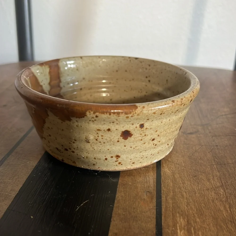 Handmade pottery bowl tan and brown glazed